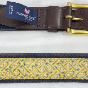 Vineyard Vines Men’s Golf Belt Leather & Blue Cotton Yellow Fabric Sz 38 EUC